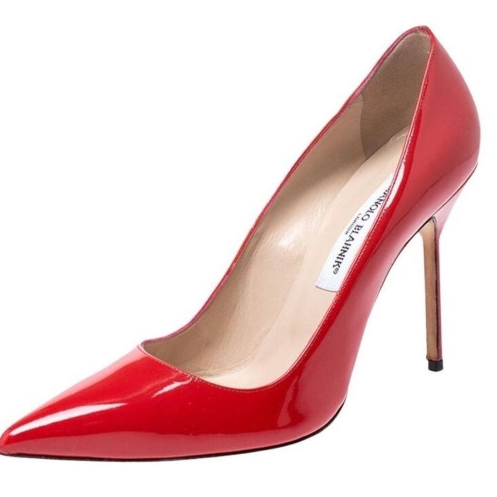 Manolo Blahnik Red Patent Leather Pointed Toe Stiletto Pumps Women's US 7
